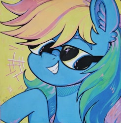 Size: 2017x2048 | Tagged: safe, artist:krista-21, derpibooru import, rainbow dash, pegasus, pony, bust, ear fluff, ears, female, grin, mare, smiling, solo, sunglasses