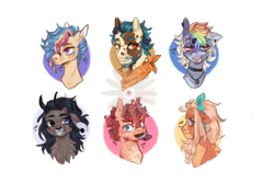 Size: 1800x1200 | Tagged: safe, artist:xxoopsiedaisiexx, derpibooru import, oc, oc only, oc:aerodynamic, oc:bluegrass wheatfield, oc:canary, oc:chipotle dip, oc:dahlia, oc:halley comet, deer, deer pony, earth pony, hybrid, original species, pegasus, pony, bust, candy, chocolate, choker, eyebrow piercing, female, food, hair tie, interspecies offspring, magical lesbian spawn, male, mare, neckerchief, next generation, offspring, open mouth, parent:applejack, parent:big macintosh, parent:blackthorn, parent:cheese sandwich, parent:coloratura, parent:derpy hooves, parent:flash sentry, parent:fluttershy, parent:pinkie pie, parent:rainbow dash, parent:rarity, parent:twilight sparkle, parents:cheesepie, parents:derpydash, parents:flashlight, parents:fluttermac, parents:rarajack, parents:rarithorn, piercing, simple background, stallion, tongue, tongue out, transparent background, watermark