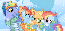 Size: 3629x1753 | Tagged: safe, artist:xxcheerupxxx, derpibooru import, applejack, bow hothoof, rainbow dash, windy whistles, pony, ^^, alternate design, appledash, base used, crying, eyes closed, female, hug, lesbian, shipping, tears of joy