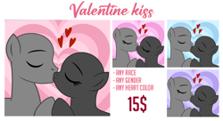 Size: 1200x654 | Tagged: safe, artist:jennieoo, derpibooru import, oc, pony, advertisement, commission, couple, example, eyes closed, female, gay, holding hooves, holiday, kiss on the lips, kissing, lesbian, lovers, male, simple background, straight, valentine, valentine's day, vector, ych sketch, your character here