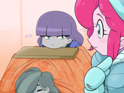 Size: 2224x1668 | Tagged: safe, artist:batipin, derpibooru import, marble pie, maud pie, pinkie pie, human, equestria girls, :3, clothes, equestria girls-ified, eyes closed, female, kotatsu, siblings, sisters, trio, winter outfit