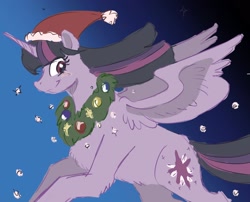 Size: 1808x1464 | Tagged: safe, artist:mayugraffiti, derpibooru import, twilight sparkle, twilight sparkle (alicorn), alicorn, pony, christmas, female, flying, hat, holiday, santa hat, smiling