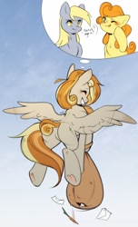 Size: 730x1200 | Tagged: safe, artist:pledus, derpibooru import, carrot top, derpy hooves, golden harvest, oc, oc only, oc:clumsy carrot, earth pony, pegasus, pony, blushing, butt, carrot, commission, commissioner:bigonionbean, female, food, fusion, happy, letter, mare, one eye closed, plot, sack, smiling, solo, spread wings, underhoof, wings, wink