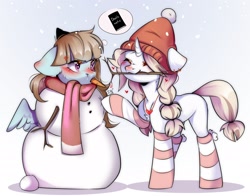 Size: 2350x1840 | Tagged: safe, artist:pledus, derpibooru import, oc, oc only, pegasus, unicorn, clothes, death note, ears, floppy ears, happy, mouth hold, scarf, snow, snowman, socks, spread wings, striped socks, unamused, wings