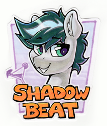 Size: 1324x1552 | Tagged: safe, artist:dandy, derpibooru import, oc, oc only, oc:shadow beat, earth pony, pony, badge, bust, con badge, copic, ear fluff, ears, earth pony oc, looking at you, male, martini glass, portrait, solo, text, traditional art