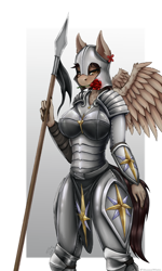 Size: 1080x1800 | Tagged: safe, artist:shamziwhite, derpibooru import, oc, oc only, oc:dunnie blust, anthro, pegasus, armor, blushing, breasts, female, flower, guardsmare, looking at you, rose, royal guard, solo, spear, standing, weapon, wings