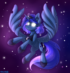 Size: 1892x1953 | Tagged: safe, artist:yuris, derpibooru import, princess luna, alicorn, pony, ears up, jewelry, regalia, solo, space, spread wings, wings