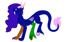 Size: 1354x787 | Tagged: safe, artist:princessmoonlight, derpibooru import, oc, oc only, draconequus, blue coat, blue eyes, claws, dragon tail, ethereal mane, folded wings, horns, looking up, paws, pegasus wings, simple background, smiling, solo, starry mane, tail, tooth, transparent background, wings, wings down