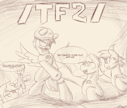 Size: 1125x953 | Tagged: safe, artist:ricy, derpibooru import, soarin', /mlp/ tf2 general, monochrome, team fortress 2