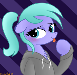 Size: 3016x2942 | Tagged: safe, artist:rainbowšpekgs, derpibooru import, icy rain, pegasus, pony, :p, bedroom eyes, blushing, bust, chest fluff, clothes, cute, female, hoodie, mare, ponytail, tongue, tongue out