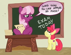 Size: 1280x989 | Tagged: safe, artist:henbe, derpibooru import, apple bloom, cheerilee, earth pony, pony, apple, apple bloom's bow, bow, chalkboard, classroom, desk, dialogue, exam, female, filly, foal, hair bow, mare, speech bubble, that pony sure does love apples