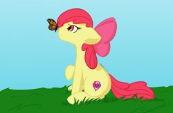 Size: 1280x839 | Tagged: safe, artist:kurokaiju, derpibooru import, apple bloom, butterfly, earth pony, pony, butterfly on nose, female, filly, foal, grass, insect on nose, sitting