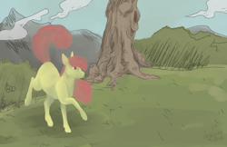 Size: 1024x663 | Tagged: safe, artist:perkypossum, derpibooru import, apple bloom, earth pony, pony, female, filly, foal, grass, hoers, mountain, solo, tree