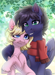 Size: 2060x2800 | Tagged: safe, artist:hakaina, derpibooru import, oc, oc only, oc:fenris ebonyglow, oc:kara waypoint, earth pony, pegasus, pony, belly, blue eyes, blurry background, cheek fluff, chest fluff, clothes, colored, commission, concave belly, couple, cute, duo, ear fluff, ears, eyelashes, fangs, fluffy, green eyes, grin, height difference, high res, hoof fluff, hug, jewelry, looking at each other, looking at someone, necklace, ocbetes, partially open wings, raised hoof, raised leg, scarf, shading, shiny eyes, signature, sitting, slim, slit eyes, smiling, smiling at each other, thin, unshorn fetlocks, wings, ych result