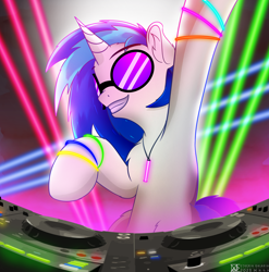 Size: 4268x4320 | Tagged: safe, artist:etheria galaxia, derpibooru import, dj pon-3, vinyl scratch, unicorn, absurd resolution, disc jockey, dj booth, female, glow rings, glowstick, mare, neon, party, rave, solo, vinyl's glasses, watermark