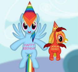 Size: 929x860 | Tagged: safe, artist:porygon2z, derpibooru import, rainbow dash, oc, oc:heatwave, griffon, pegasus, pony, duo, griffon oc, hat, party hat