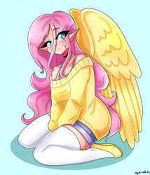 Size: 1800x2100 | Tagged: safe, artist:mylittleyuri, derpibooru import, fluttershy, human, blue background, blushing, bra, bra strap, choker, clothes, cute, elf ears, female, flats, humanized, kneeling, shoes, shorts, shyabetes, simple background, socks, solo, stockings, sweater, sweatershy, thigh highs, underwear, winged humanization, wings