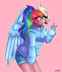 Size: 1800x2100 | Tagged: safe, artist:mylittleyuri, derpibooru import, rainbow dash, human, :p, alternate hairstyle, blushing, choker, clothes, cute, cute little fangs, dashabetes, devil horn (gesture), elf ears, fangs, female, hoodie, humanized, pink background, ponytail, rainbow dash day, shorts, simple background, solo, tan skin, tongue, tongue out, winged humanization, wings