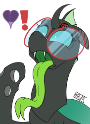 Size: 4000x5500 | Tagged: safe, artist:evan555alpha, oc, oc only, oc:yvette (evan555alpha), changeling, ladybug, evan's daily buggo ii, broach, changeling oc, colored sketch, dorsal fin, empty, exclamation point, fangs, female, forked tongue, fuel gauge, gauge, glasses, green tongue, head tilt, hoof pointing, hungry, instructions, long tongue, looking down, open mouth, pictogram, round glasses, signature, simple background, sketch, solo, technicolor tongue, tongue, transparent background, wide eyes, wide mouth