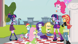 Size: 1920x1080 | Tagged: safe, derpibooru import, screencap, applejack, fluttershy, pinkie pie, rainbow dash, rarity, sci-twi, spike, spike the regular dog, sunset shimmer, twilight sparkle, dog, human, equestria girls, friendship games, 1080p, belt, boots, canterlot high, clothes, cowboy boots, cutie mark on clothes, denim skirt, duality, female, glasses, hairpin, high heel boots, high res, humane five, humane seven, humane six, jacket, leather, leather jacket, male, open mouth, open smile, paradox, self paradox, shoes, skirt, smiling, statue, twolight