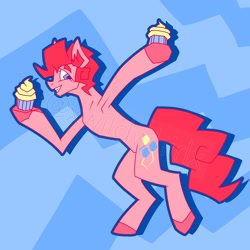 Size: 2000x2000 | Tagged: safe, artist:xwildwhirlx, derpibooru import, pinkie pie, earth pony, pony, g4, angular, armpits, concave belly, cupcake, food, slim, solo, stylized, thin