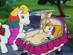 Size: 960x720 | Tagged: safe, derpibooru import, screencap, earth pony, pony, g1, my little pony tales, the tea party, baby, baby pony, cherry barrington, duo, female, filly, foal, mare, mother and child, mother and daughter, mrs. barrington, newborn, parent and child, stroller, unnamed character, unnamed pony