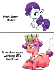 Size: 2160x2899 | Tagged: safe, artist:applephil, derpibooru import, carrot bun, rarity, pony, unicorn, 2 panel comic, background pony, comic, duo, female, frown, grammar error, high res, lying down, mare, prone, simple background, sitting, text, unamused, white background