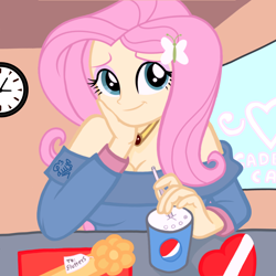 Size: 2048x2048 | Tagged: safe, artist:flutteryaylove, derpibooru import, fluttershy, equestria girls, clock, drawing, heart, pepsi, present, smiling, soda, window