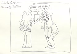 Size: 2331x1636 | Tagged: safe, artist:katputze, derpibooru import, oc, oc:crimson sunset, anthro, unicorn, ass, butt, clothes, denim, duo, faic, female, grayscale, ipad, jeans, mare, monochrome, pants, plot, traditional art