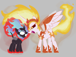 Size: 2800x2100 | Tagged: safe, artist:omelettepony, derpibooru import, daybreaker, alicorn, kirin, nirik, crown, crystal, fangs, fire, gray background, horn, jewelry, looking at each other, looking at someone, mane of fire, open mouth, regalia, simple background, spread wings, standing, wings