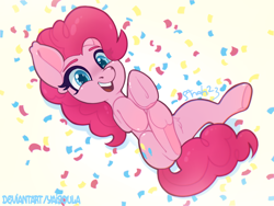 Size: 4490x3373 | Tagged: safe, artist:yaisoula, derpibooru import, pinkie pie, earth pony, pony, confetti, female, high res, lying down, mare, on back, open mouth, open smile, simple background, smiling, solo, underhoof, white background