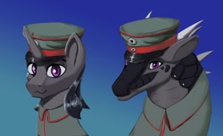 Size: 1280x784 | Tagged: safe, artist:monx94, derpibooru import, oc, oc:starseeker, dragon, pony, unicorn, bust, clothes, gradient background, looking at you, military, military uniform, portrait, uniform