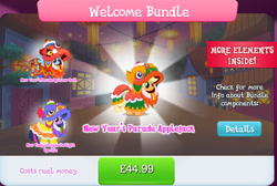 Size: 1283x860 | Tagged: safe, derpibooru import, applejack, rainbow dash, twilight sparkle, twilight sparkle (alicorn), alicorn, earth pony, pegasus, pony, advertisement, bundle, chinese new year, clothes, costs real money, costume, english, female, gameloft, horn, lion dance, lunar new year, mare, mobile game, my little pony: magic princess, numbers, official, spread wings, text, wings