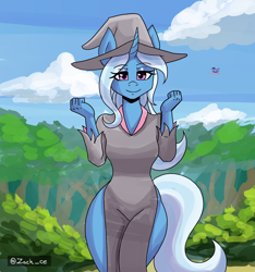 Size: 1500x1600 | Tagged: safe, artist:zachc, derpibooru import, trixie, anthro, unicorn, clothes, dress, hat, looking at you, outdoors, side slit, smiling, solo, wide hips, witch hat