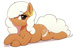 Size: 1125x750 | Tagged: safe, artist:thebatfang, derpibooru import, oc, oc only, oc:bagel bite, earth pony, food pony, original species, pony, chubby, ear piercing, earring, female, food, jewelry, lidded eyes, looking at you, lying down, mare, piercing, ponified, prone, simple background, solo, transparent background