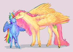 Size: 3680x2620 | Tagged: safe, artist:birdcanart, derpibooru import, fluttershy, rainbow dash, pegasus, pony, cloven hooves, duo, female, flutterdash, gray background, heart, lesbian, mare, nuzzling, pictogram, shipping, simple background, size difference, smoldash, tallershy