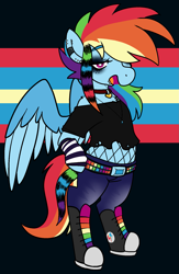 Size: 1167x1786 | Tagged: safe, artist:/d/non, derpibooru import, rainbow dash, pegasus, semi-anthro, arm warmers, belt, choker, clothes, converse, denim, ear piercing, eyeshadow, februpony, fishnet stockings, jeans, jewelry, lip piercing, makeup, multicolored hair, necklace, open mouth, pants, piercing, raccoon tail, rainbow, scene, scene kid, shirt, shoes, smiling, sneakers