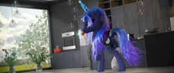 Size: 3440x1440 | Tagged: safe, artist:thelunagames, derpibooru import, princess luna, alicorn, pony, 3d, absurd resolution, blender, cinema4d, cup, food, solo, teacup, tree