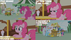 Size: 2000x1125 | Tagged: safe, derpibooru import, edit, edited screencap, editor:quoterific, screencap, bon bon, gilda, granny smith, lightning bolt, linky, pinkie pie, shoeshine, spring melody, sprinkle medley, sweetie drops, white lightning, earth pony, griffon, pegasus, pony, griffon the brush off, background pony, cart, drinking straw, elderly, female, frown, gritted teeth, implied prank, mare, milkshake, open mouth, spooked, spread wings, teeth, walking, wings