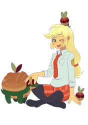 Size: 2894x4093 | Tagged: safe, artist:haibaratomoe, derpibooru import, applejack, human, equestria girls, appletun, applin, blushing, clothes, female, necktie, one eye closed, open mouth, open smile, pokemon scarlet and violet, pokémon, shoes, simple background, smiling, socks, solo, white background