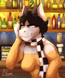 Size: 1000x1200 | Tagged: safe, artist:blumi_098, derpibooru import, oc, oc:sound error, anthro, earth pony, alcohol, bar, clothes, earth pony oc