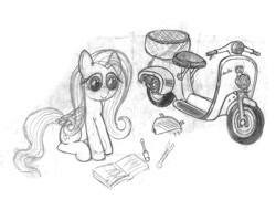 Size: 1000x760 | Tagged: safe, artist:styroponyworks, derpibooru import, fluttershy, pegasus, pony, female, folded wings, grayscale, looking at something, manual, mare, monochrome, moped, pencil drawing, reading, screwdriver, sitting, sketch, smiling, solo, tools, traditional art, wings, wrench