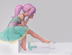 Size: 3270x2500 | Tagged: safe, artist:sverre93, derpibooru import, angel bunny, fluttershy, human, rabbit, alternate hairstyle, animal, anklet, barefoot, clothes, cute, dress, feet, fluttershy boho dress, high heels, high res, humanized, jewelry, nail polish, ponytail, shoes, shoes removed, sitting, supporting head, toenail polish