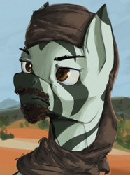 Size: 1280x1724 | Tagged: safe, artist:monx94, derpibooru import, oc, zebra, equestria at war mod, beard, bust, clothes, facial hair, moustache, portrait, scarf, solo