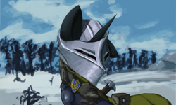 Size: 1280x768 | Tagged: safe, artist:monx94, derpibooru import, unicorn, equestria at war mod, armor, half body, helmet, knight, nature, solo, sword, weapon