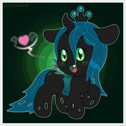Size: 1500x1500 | Tagged: safe, artist:doctor-g, derpibooru import, queen chrysalis, changeling, changeling queen, bronybait, chibi, cute, cute little fangs, cutealis, fangs, female, gradient background, heart, looking at you, mare, open mouth, pictogram, question mark, solo, speech bubble, younger