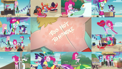 Size: 1280x721 | Tagged: safe, derpibooru import, editor:quoterific, fluttershy, pinkie pie, rainbow dash, rarity, equestria girls, equestria girls series, too hot to handle, beach, clothes, hot, swimsuit