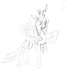 Size: 2100x2300 | Tagged: safe, artist:general proton, derpibooru import, queen chrysalis, changeling, changeling queen, angry, black and white, fangs, female, frown, grayscale, monochrome, raised hoof, raised leg, scowl, simple background, solo, spread wings, tail, white background, wings