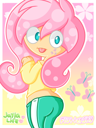 Size: 2585x3436 | Tagged: safe, artist:jaylalife, derpibooru import, fluttershy, human, ass, butt, clothes, female, humanized, solo, tongue, tongue out