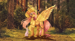 Size: 3020x1652 | Tagged: safe, artist:22poisoncookie22, artist:norica-official, derpibooru import, fluttershy, bird, pony, rabbit, collaboration, animal, cheek fluff, female, forest, scenery